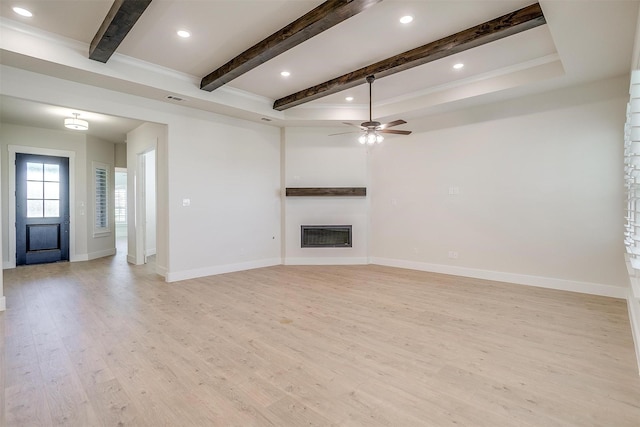 6145 Lucia Dr, Fort Worth, TX 76123 - unfurnished living room with beamed ceiling, a glass covered fireplace, light wood-style flooring, a ceiling fan, and baseboards