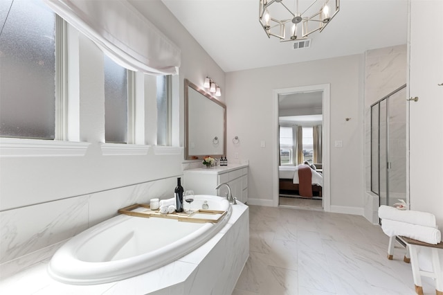 2880 Meadow Dell Dr, Prosper, TX 75078 - bathroom with a stall shower, a bath, vanity, marble finish flooring, and a chandelier