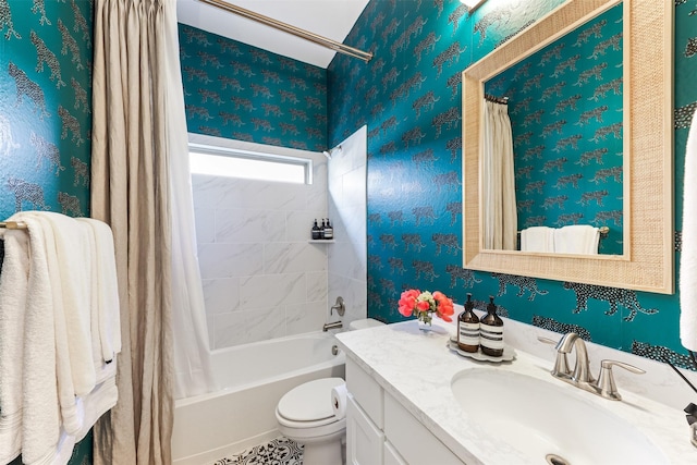2880 Meadow Dell Dr, Prosper, TX 75078 - full bath with vanity, shower / bath combo with shower curtain, toilet, and wallpapered walls