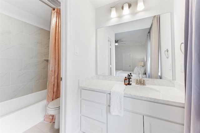 2880 Meadow Dell Dr, Prosper, TX 75078 - ensuite bathroom featuring vanity, shower / bath combination with curtain, toilet, and a ceiling fan
