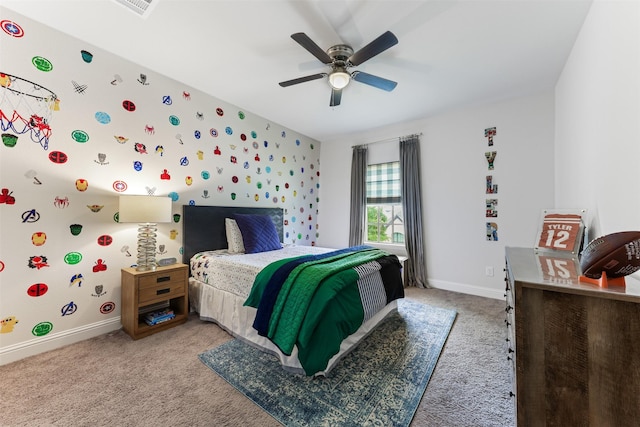 2880 Meadow Dell Dr, Prosper, TX 75078 - bedroom with light carpet, baseboards, a ceiling fan, and wallpapered walls