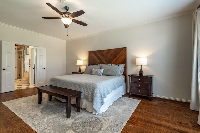 1312 Camberley Ct, Keller, TX 76248 - bedroom featuring crown molding, dark wood-style floors, baseboards, and ceiling fan