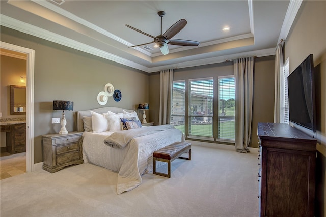 552 Horseshoe Bnd, Royse City, TX 75189 - bedroom with a raised ceiling, light carpet, crown molding, ensuite bathroom, and a ceiling fan