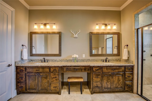 552 Horseshoe Bnd, Royse City, TX 75189 - bathroom featuring crown molding, a stall shower, double vanity, and tile patterned floors