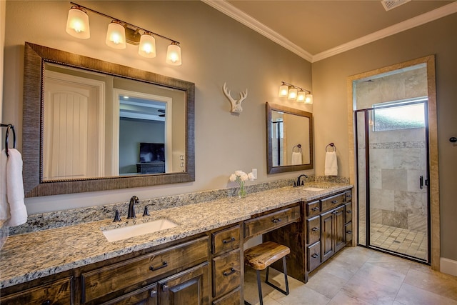 552 Horseshoe Bnd, Royse City, TX 75189 - full bath featuring crown molding, double vanity, and a shower stall