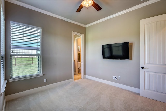 552 Horseshoe Bnd, Royse City, TX 75189 - unfurnished bedroom with carpet flooring, crown molding, baseboards, ensuite bathroom, and a ceiling fan