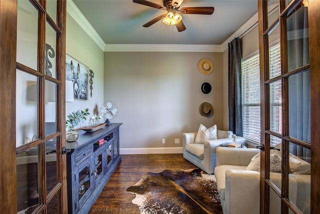 552 Horseshoe Bnd, Royse City, TX 75189 - sitting room featuring plenty of natural light, ornamental molding, dark wood finished floors, ceiling fan, and baseboards