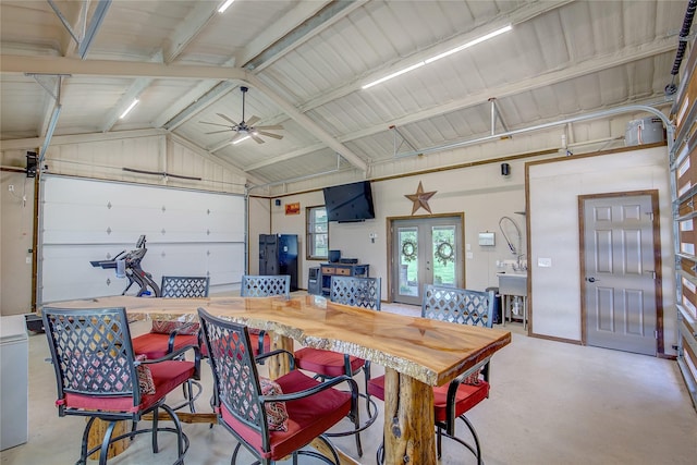 552 Horseshoe Bnd, Royse City, TX 75189 - dining area with finished concrete flooring, lofted ceiling, french doors, and a ceiling fan