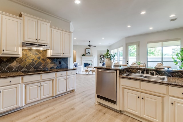 7904 Fair Oaks Ave, Dallas, TX 75231 - kitchen with dishwasher, a sink, under cabinet range hood, decorative backsplash, and a fireplace