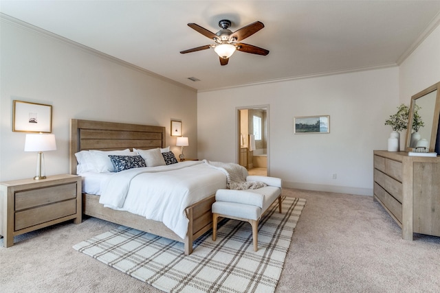 7904 Fair Oaks Ave, Dallas, TX 75231 - bedroom featuring crown molding, light carpet, ceiling fan, connected bathroom, and baseboards