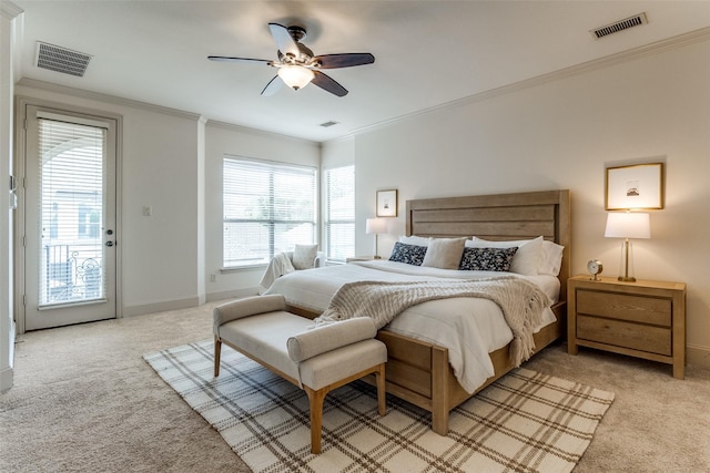 7904 Fair Oaks Ave, Dallas, TX 75231 - bedroom featuring light colored carpet, ornamental molding, access to outside, ceiling fan, and baseboards