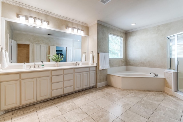 7904 Fair Oaks Ave, Dallas, TX 75231 - full bath with double vanity, a garden tub, crown molding, and a shower stall
