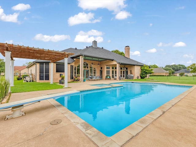 102 Sunbird Ln, Sunnyvale, TX 75182 - view of pool featuring a lawn, a pergola, a patio, a diving board, and ceiling fan