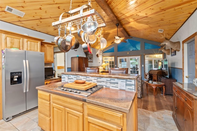 250 Whispering Oaks, Payne Springs, TX 75156 - kitchen featuring appliances with stainless steel finishes, a center island, open floor plan, wooden ceiling, and ceiling fan