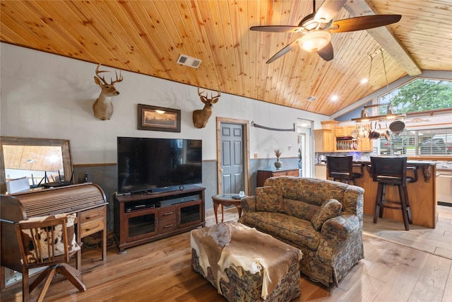 250 Whispering Oaks, Payne Springs, TX 75156 - living area with light wood finished floors, ceiling fan, wainscoting, and wood ceiling