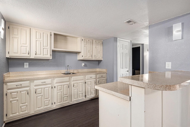 7107 Greenspring Dr, Arlington, TX 76016 - kitchen with a peninsula, a sink, a textured ceiling, light countertops, and dark wood-style floors