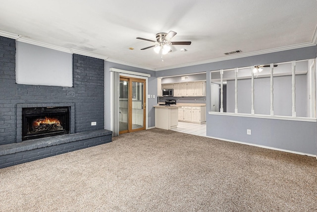 7107 Greenspring Dr, Arlington, TX 76016 - unfurnished living room with a ceiling fan, light colored carpet, a brick fireplace, ornamental molding, and baseboards