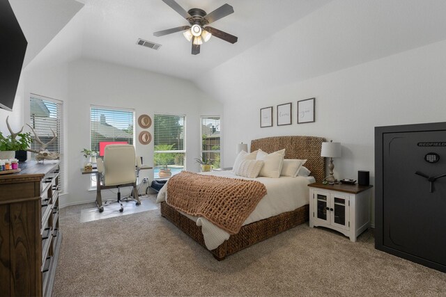 306 Hardeman Blvd, Justin, TX 76247 - carpeted bedroom featuring lofted ceiling, an office area, and ceiling fan