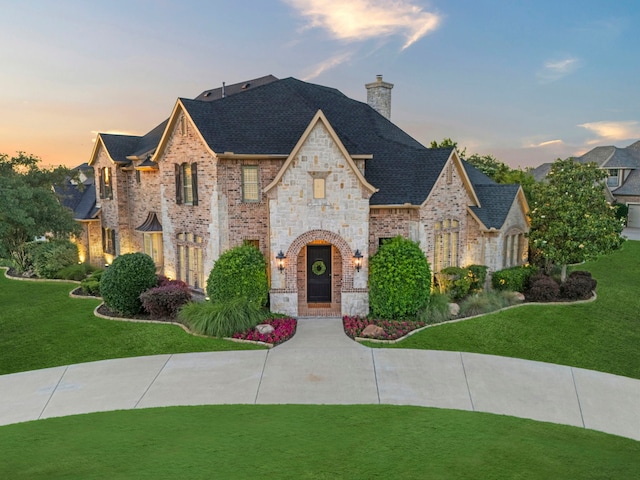 406 Wyndemere Blvd, Heath, TX 75032 - french country home featuring roof with shingles, a front yard, brick siding, and a chimney