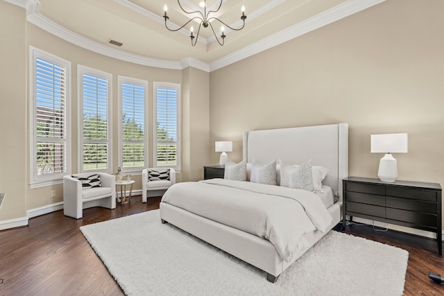 406 Wyndemere Blvd, Heath, TX 75032 - bedroom with a chandelier, ornamental molding, dark wood-type flooring, baseboards, and a raised ceiling