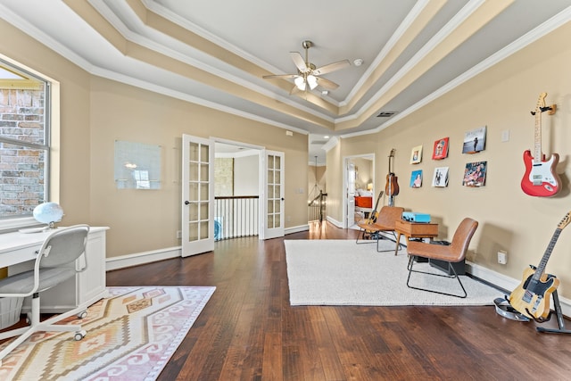 406 Wyndemere Blvd, Heath, TX 75032 - office space with french doors, a raised ceiling, ceiling fan, wood-type flooring, and ornamental molding