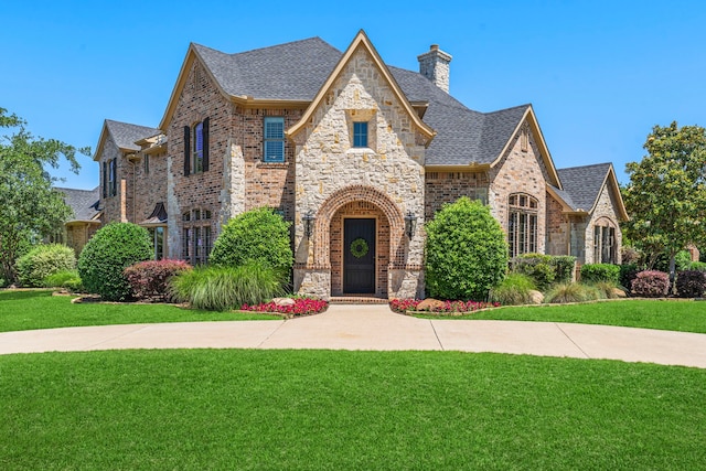 406 Wyndemere Blvd, Heath, TX 75032 - view of front of property featuring a front lawn, brick siding, a shingled roof, and a chimney