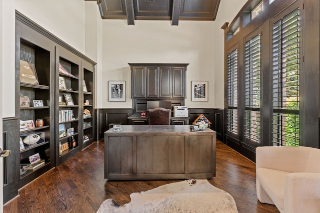 406 Wyndemere Blvd, Heath, TX 75032 - office featuring a wainscoted wall, a high ceiling, beamed ceiling, dark wood-style flooring, and coffered ceiling