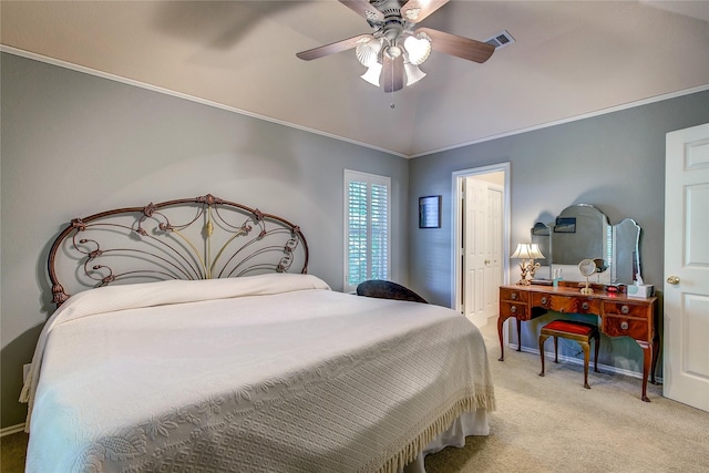 221 County Road 1946, Emory, TX 75440 - bedroom featuring light colored carpet, ornamental molding, vaulted ceiling, and ceiling fan