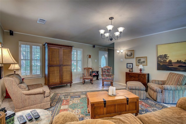 221 County Road 1946, Emory, TX 75440 - living room with a chandelier, ornamental molding, baseboards, and light tile patterned floors