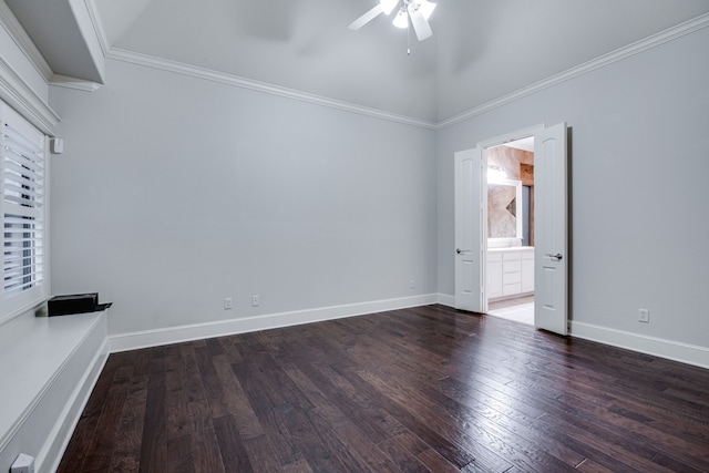 3317 S Riley Ct, Hurst, TX 76054 - unfurnished bedroom with wood finished floors, ensuite bath, a ceiling fan, baseboards, and crown molding