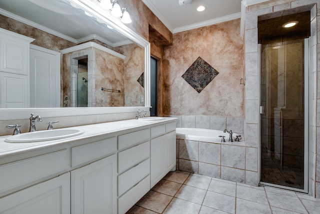 3317 S Riley Ct, Hurst, TX 76054 - bathroom featuring a stall shower, double vanity, a garden tub, tile patterned flooring, and crown molding