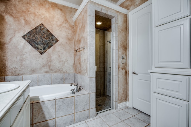 3317 S Riley Ct, Hurst, TX 76054 - full bathroom featuring vanity, a bath, tile patterned flooring, a stall shower, and crown molding