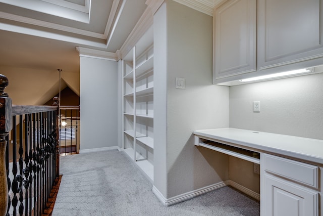 3317 S Riley Ct, Hurst, TX 76054 - interior space featuring built in desk, carpet flooring, crown molding, baseboards, and built in features