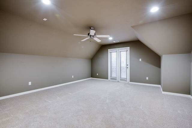 3317 S Riley Ct, Hurst, TX 76054 - additional living space with baseboards, vaulted ceiling, light carpet, a ceiling fan, and recessed lighting