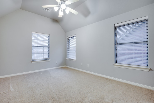 3317 S Riley Ct, Hurst, TX 76054 - carpeted spare room featuring vaulted ceiling, baseboards, and ceiling fan
