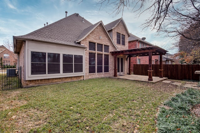 3317 S Riley Ct, Hurst, TX 76054 - rear view of property with a pergola, a patio, brick siding, central air condition unit, and a shingled roof