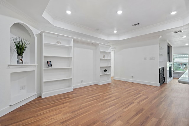 5316 Humbert Ave, Fort Worth, TX 76107 - unfurnished living room with light wood finished floors, crown molding, a raised ceiling, recessed lighting, and a fireplace