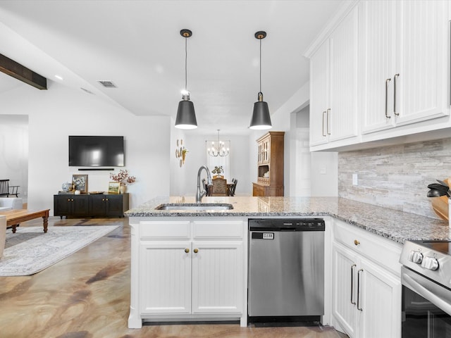 431 Advance Rd, Weatherford, TX 76088 - kitchen with stainless steel appliances, a sink, tasteful backsplash, a peninsula, and white cabinets