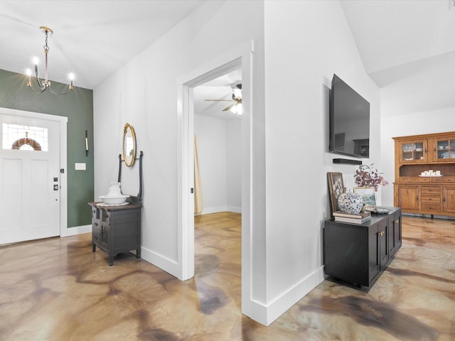 431 Advance Rd, Weatherford, TX 76088 - foyer featuring concrete flooring, baseboards, a chandelier, ceiling fan, and lofted ceiling