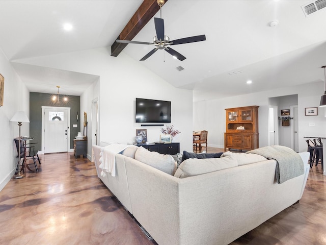 431 Advance Rd, Weatherford, TX 76088 - living room featuring beam ceiling, a ceiling fan, baseboards, concrete floors, and recessed lighting