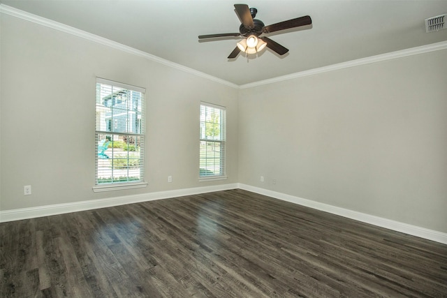 3613 Pisa Mews, Dallas, TX 75236 - empty room featuring dark wood-style floors, crown molding, baseboards, and ceiling fan