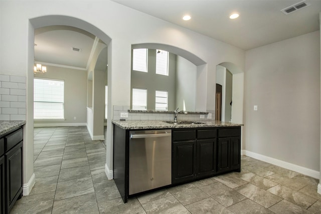 3613 Pisa Mews, Dallas, TX 75236 - kitchen with dishwasher, a sink, baseboards, light stone counters, and recessed lighting