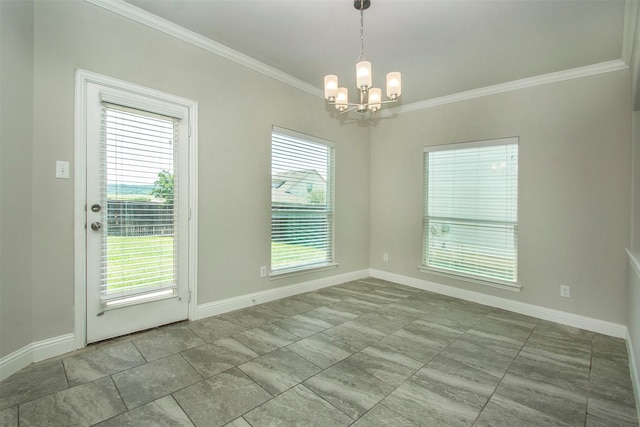 3613 Pisa Mews, Dallas, TX 75236 - empty room featuring crown molding, a chandelier, baseboards, and plenty of natural light