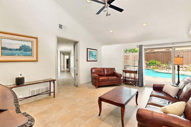 7109 Alpha Rd, Dallas, TX 75240 - living room featuring a ceiling fan, recessed lighting, high vaulted ceiling, and baseboards