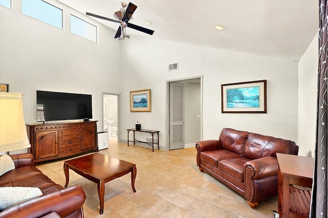 7109 Alpha Rd, Dallas, TX 75240 - living area featuring ceiling fan, high vaulted ceiling, and baseboards