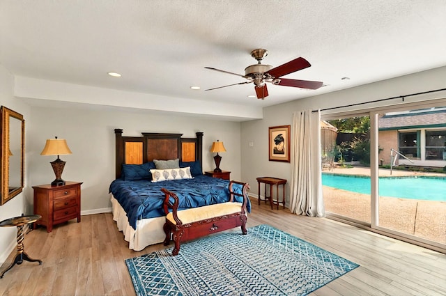 7109 Alpha Rd, Dallas, TX 75240 - bedroom with access to exterior, baseboards, light wood-style flooring, recessed lighting, and a ceiling fan