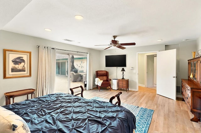 7109 Alpha Rd, Dallas, TX 75240 - bedroom with light wood-style floors, recessed lighting, access to exterior, baseboards, and a ceiling fan