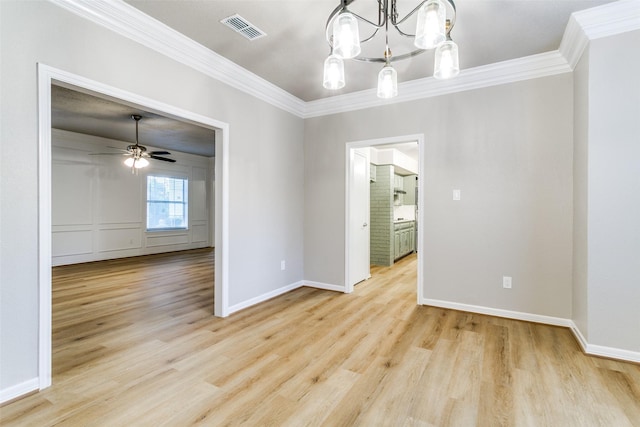 2 Linderhof Cir, Bedford, TX 76022 - unfurnished room featuring ornamental molding, a chandelier, light wood-type flooring, baseboards, and a ceiling fan