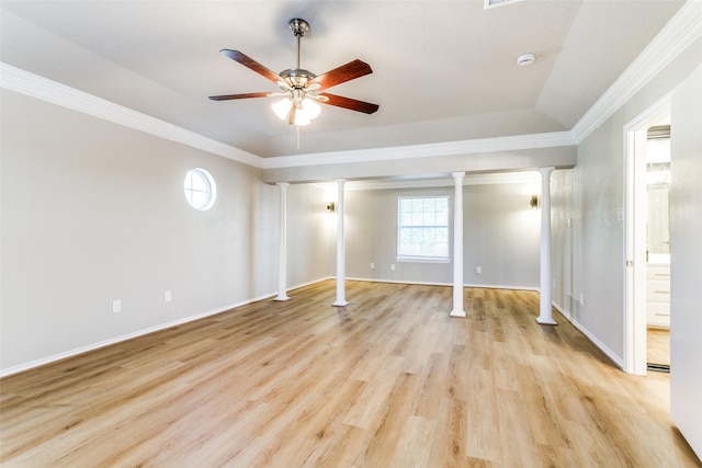 2 Linderhof Cir, Bedford, TX 76022 - unfurnished bedroom with ornate columns, crown molding, light wood-style flooring, baseboards, and a ceiling fan