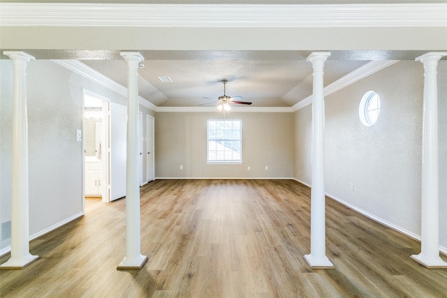 2 Linderhof Cir, Bedford, TX 76022 - unfurnished living room with ceiling fan, light wood-type flooring, baseboards, and crown molding